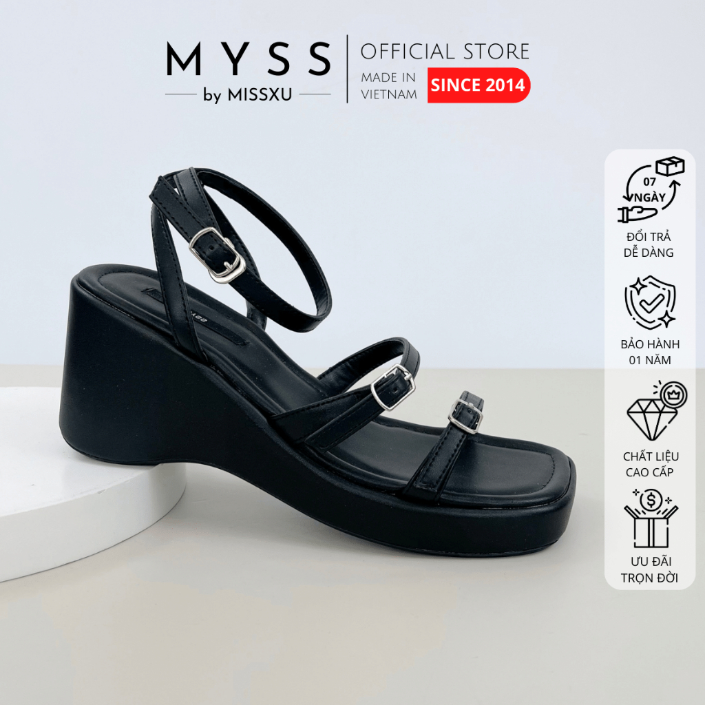 Giày sandal nữ MYSS đế xuồng 2 quai ngang phối khóa 7cm cao cấp thời trang - SD207