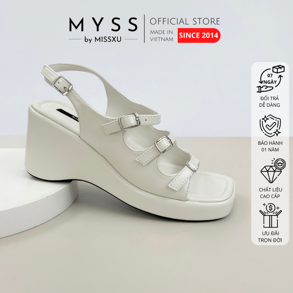 Giày sandal nữ MYSS đế xuồng 3 quai ngang phối khóa 7cm thời trang - SD200