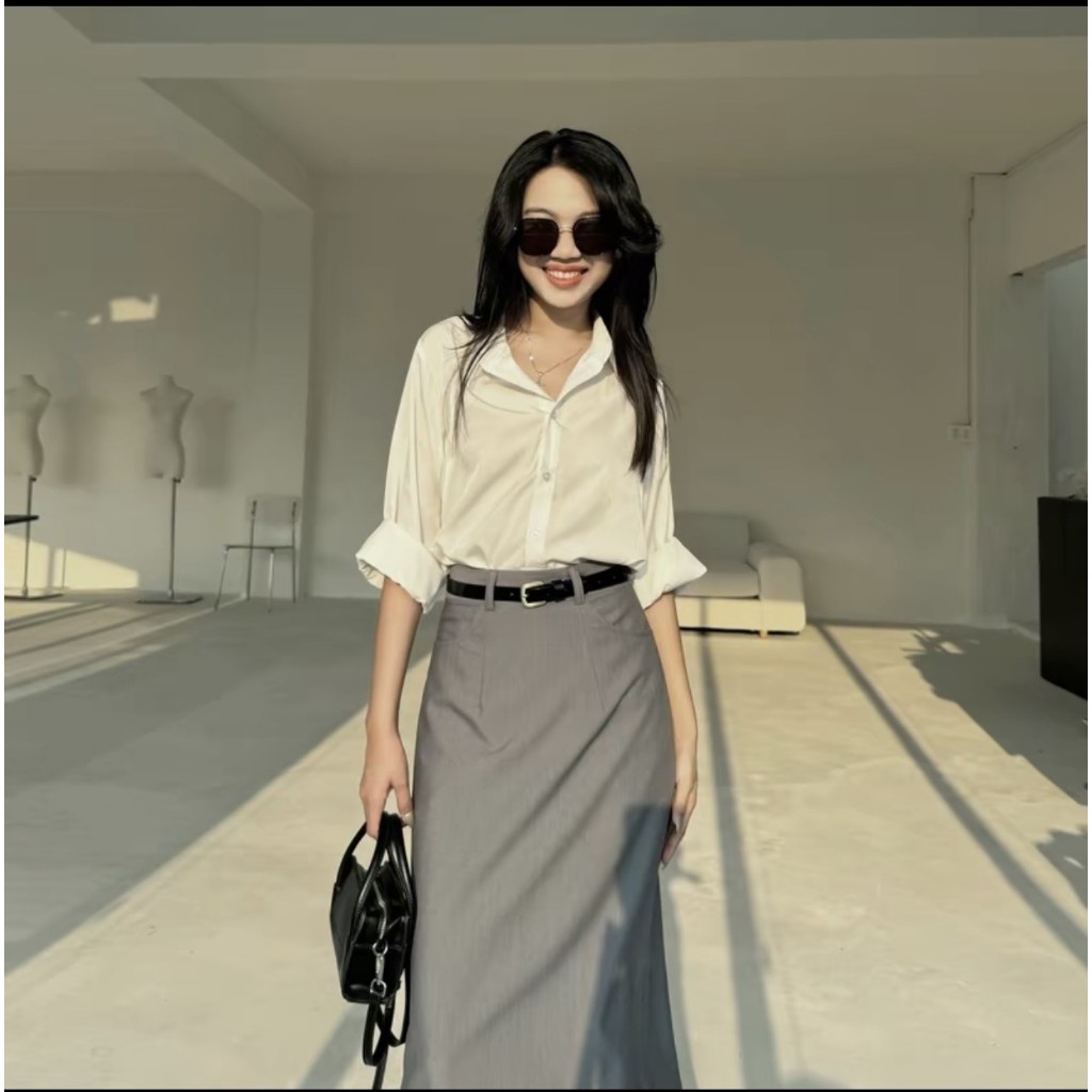 Chân Váy Chữ A Suông 90cm Phối Đai Da Thiết Kế Túi Giả Phía Sau_SHOPNGOCTRANG19_Tăng Đai Da_Chất Liệu Chép Nhật_CV146