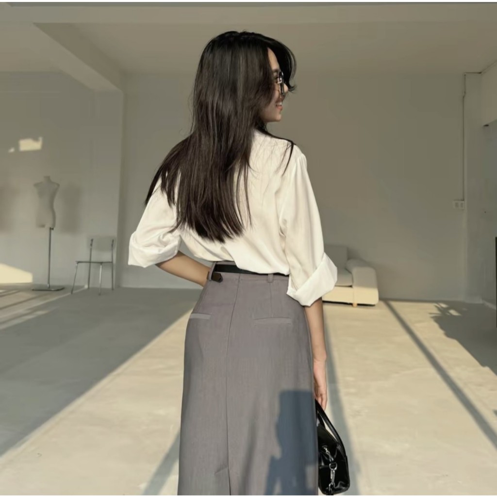 Chân Váy Chữ A Suông 90cm Phối Đai Da Thiết Kế Túi Giả Phía Sau_SHOPNGOCTRANG19_Tăng Đai Da_Chất Liệu Chép Nhật_CV146