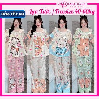 Đồ ngủ nữ 40-60kg, pijama dài cộc tay voan cổ vuông ren lụa xước mềm mát 60CD18, đồ bộ nữ đồ mặc nhà tiểu thư dễ thương