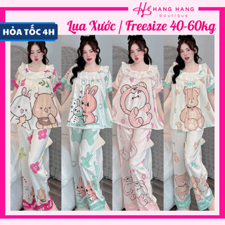 Đồ ngủ nữ 40-60kg, pijama dài cộc tay voan cổ vuông ren lụa xước mềm mát 60CD18, đồ bộ nữ đồ mặc nhà tiểu thư dễ thương