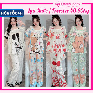 Đồ ngủ nữ 40-60kg, pijama dài cộc tay voan cổ vuông ren lụa xước mềm mát 60CD18, đồ bộ nữ đồ mặc nhà tiểu thư dễ thương