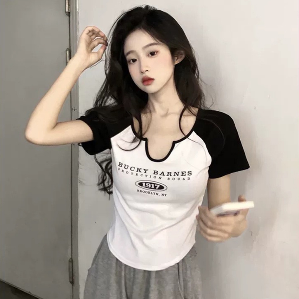 Áo thun croptop nữ Junest  ngắn tay dáng ôm cổ viền U  Backy Barnes AT1917