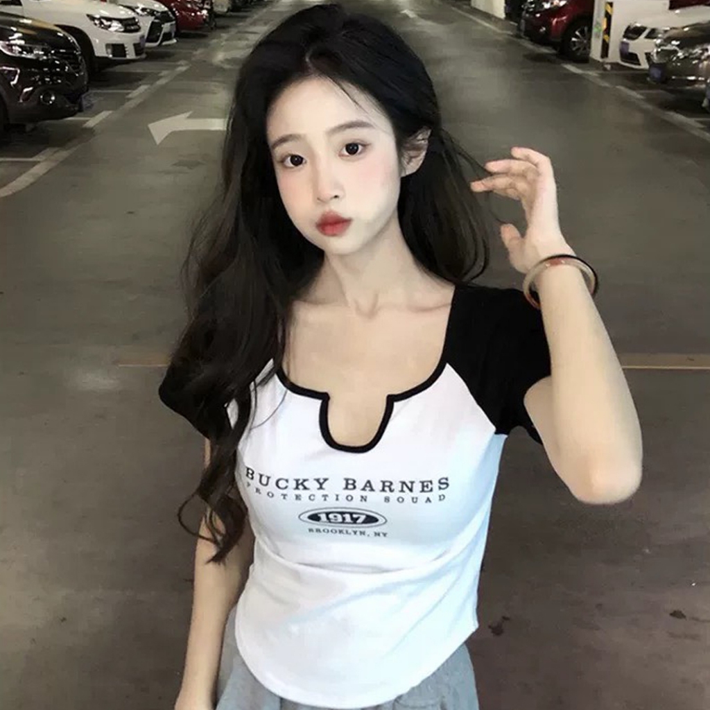 Áo thun croptop nữ Junest  ngắn tay dáng ôm cổ viền U  Backy Barnes AT1917