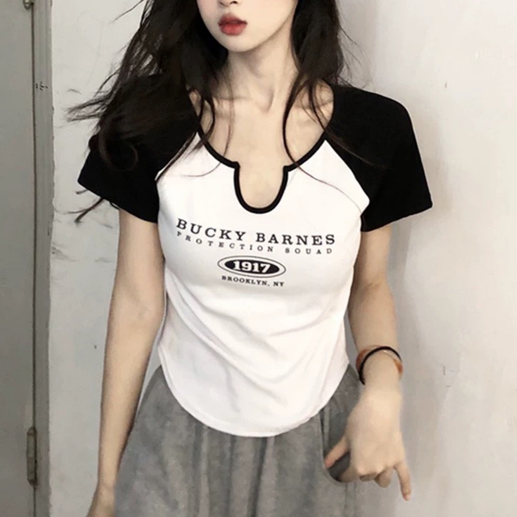 Áo thun croptop nữ Junest  ngắn tay dáng ôm cổ viền U  Backy Barnes AT1917
