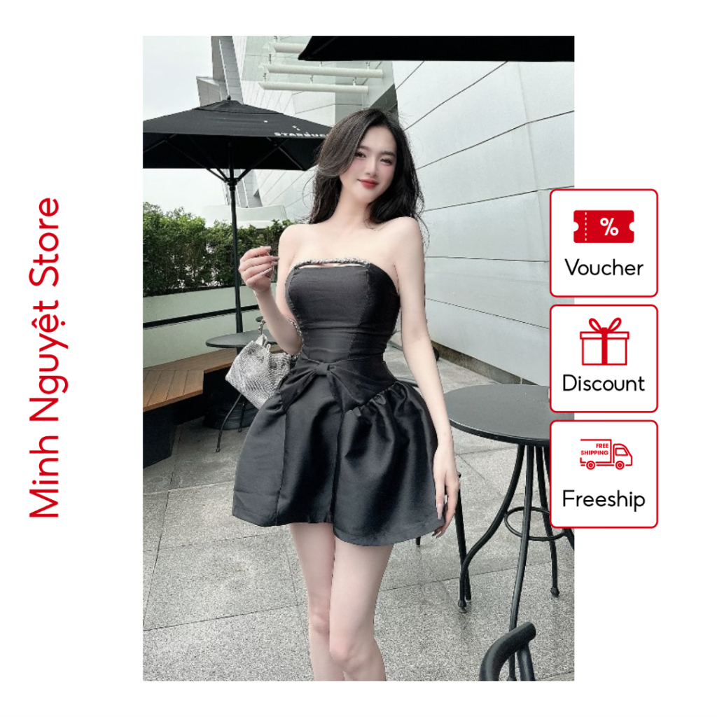 Váy Thiết Kế Chất Tafta Cúp Ngực Đính Đá Cá Tính, Đầm Dự Tiệc Dáng Xòe Phối Nơ Bụng Tiểu Thư Cao Cấp