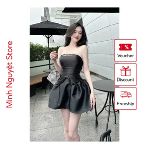 Váy Thiết Kế Chất Tafta Cúp Ngực Đính Đá Cá Tính, Đầm Dự Tiệc Dáng Xòe Phối Nơ Bụng Tiểu Thư Cao Cấp