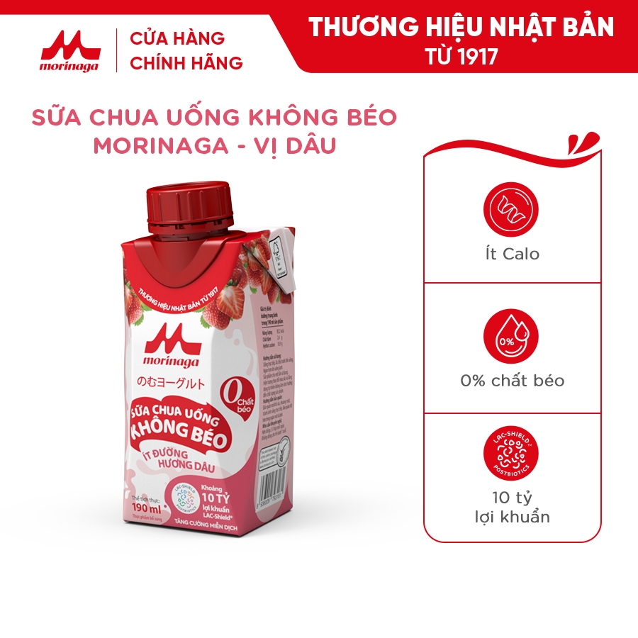 Ảnh Sữa Chua Uống Không Béo Morinaga vị dâu 190 ml - Ít đường, ít calo, 10 tỷ lợi khuẩn - Tăng miễn dịch 1