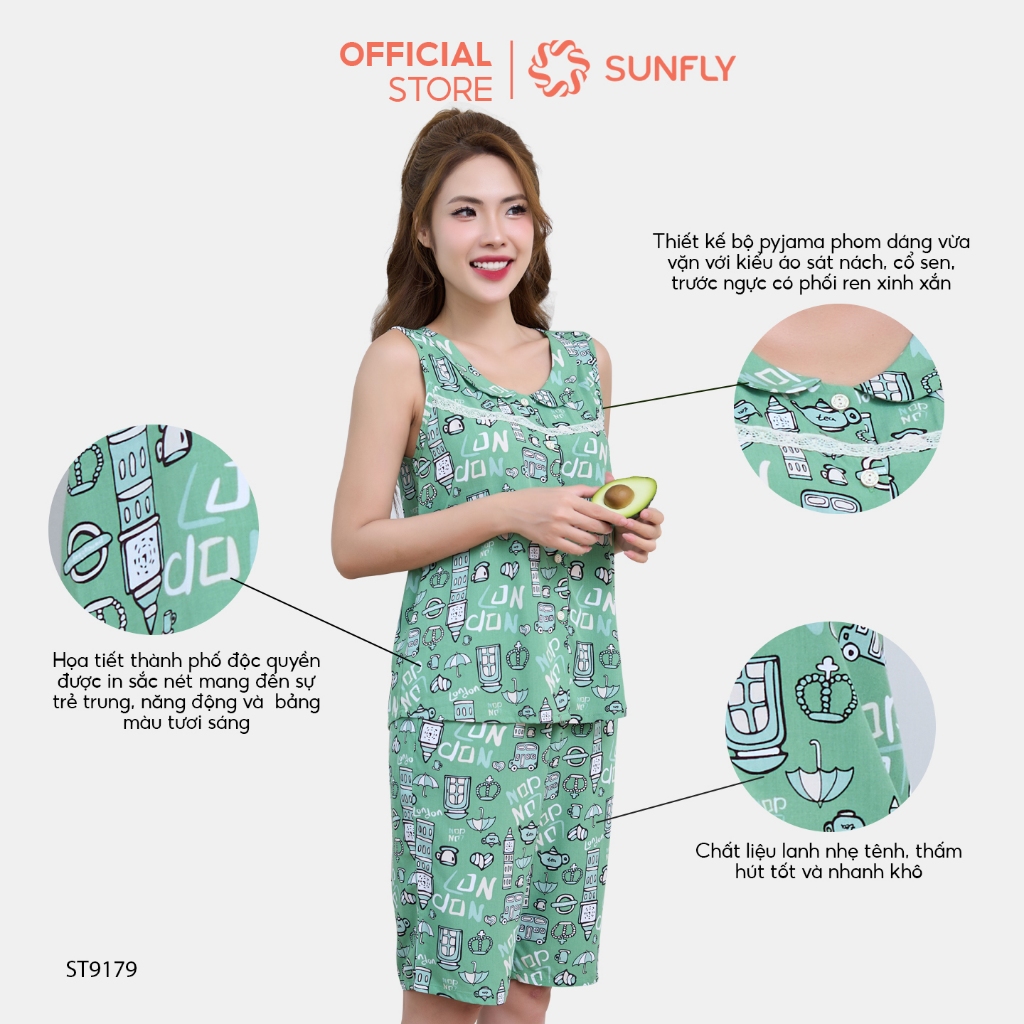 Ảnh Bộ pijamas nữ SUNFLY chất lanh ht độc quyền dáng áo sát nách quần trên gối ST9179 1