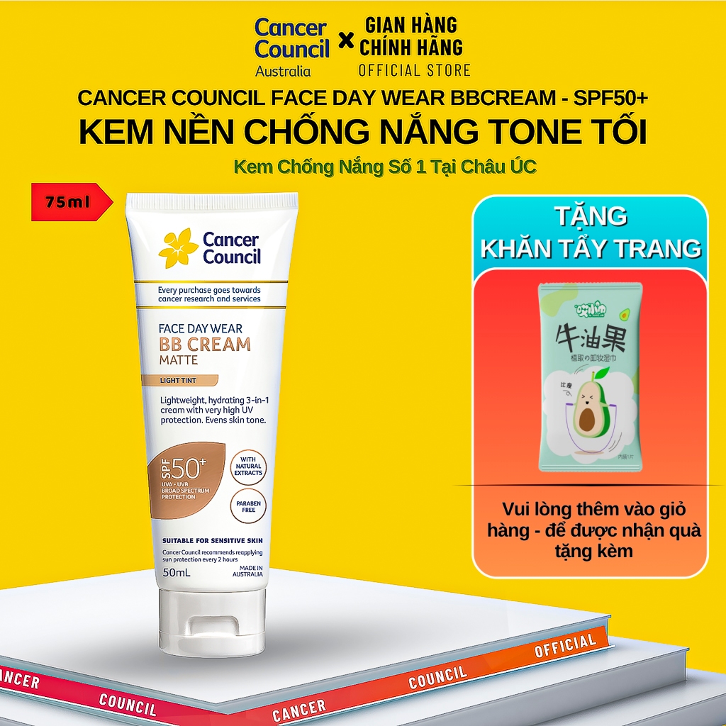 Kem Nền Chống Nắng BB Cream Cancer Council BB Cream Matte SPF50+ 50ml, Nâng Tone Tự Nhiên, Che