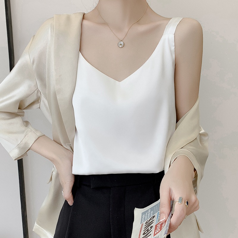 Áo hai dây lụa Callalady vintage lụa ngọc trai cao cấp hàn quốc mặc trong áo blazer cổ tim không nhăn sexy quyến rũ