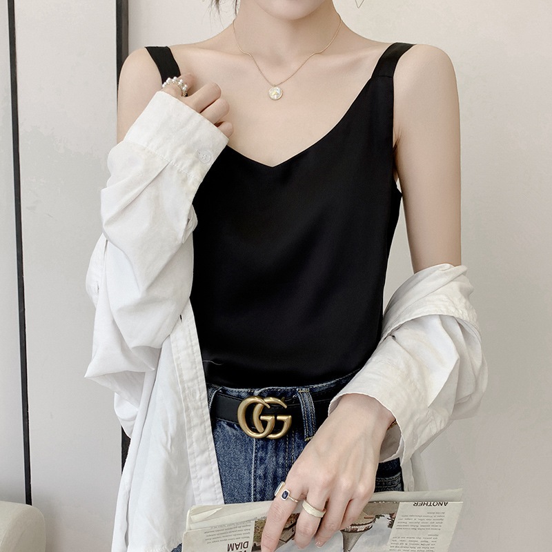 Áo hai dây lụa Callalady vintage lụa ngọc trai cao cấp hàn quốc mặc trong áo blazer cổ tim không nhăn sexy quyến rũ