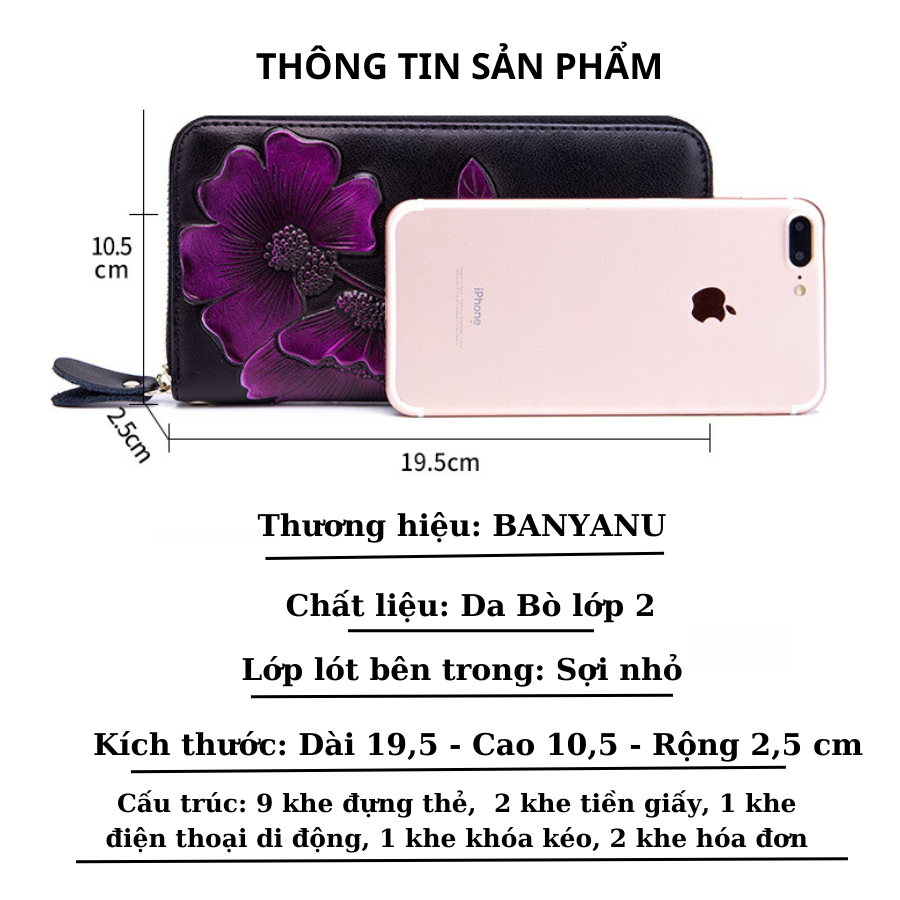 Ví Dài Nữ Da Bò Nhiều Ngăn Ví Nữ Cầm Tay Dự Tiệc Chính Hãng BANYANU Cao Cấp Mẫu BCV-VN09 Có Hộp Làm Quà Tặng Sang Trọng