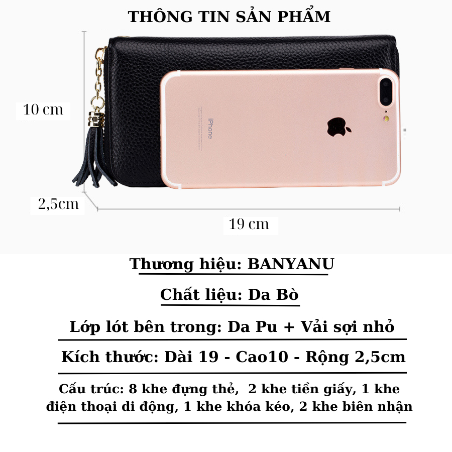 Ví Dài Nữ Da Bò Khóa Kéo Cầm Tay Dự Tiệc Bóp Nữ Chính Hãng BANYANU Mẫu BCV-VN10 Có Hộp Làm Quà Tặng Sang Trọng Đủ Màu