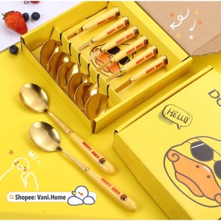 Set 6 thìa vịt vàng DUCK dễ thương kèm vỏ hộp xinh xắn - Bộ 6 muỗng hình vịt mạ vàng đáng yêu cán dài cho bé ăn dặm  5.0
