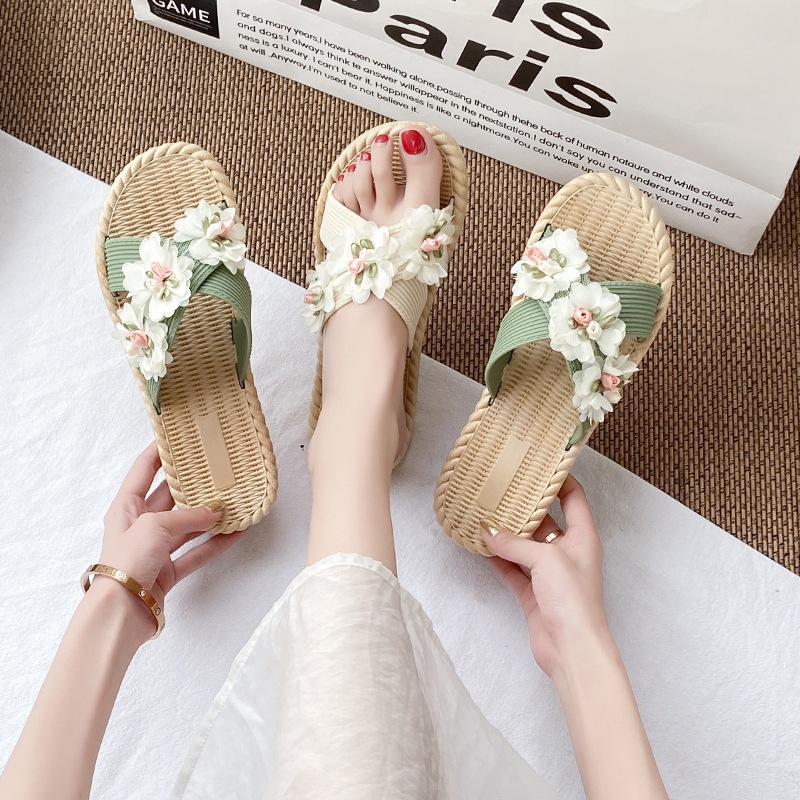 Laylalay.n - [Sẵn size] Dép cói nữ quai chéo đính hoa voan cánh nhỏ - ứng dụng cao, văn phòng, đi dạo, đi biển - LAL22