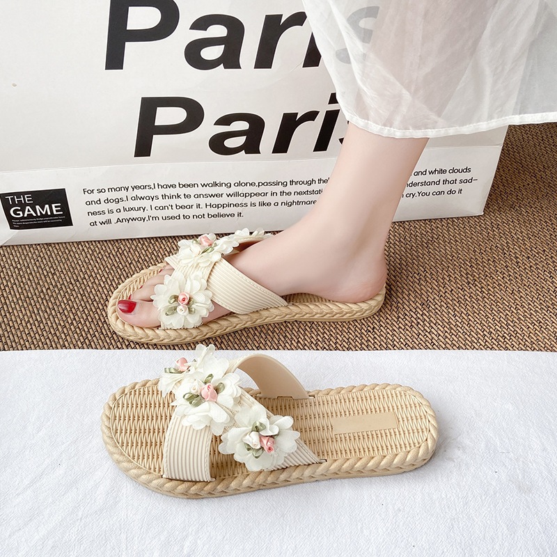 Laylalay.n - [Sẵn size] Dép cói nữ quai chéo đính hoa voan cánh nhỏ - ứng dụng cao, văn phòng, đi dạo, đi biển - LAL22