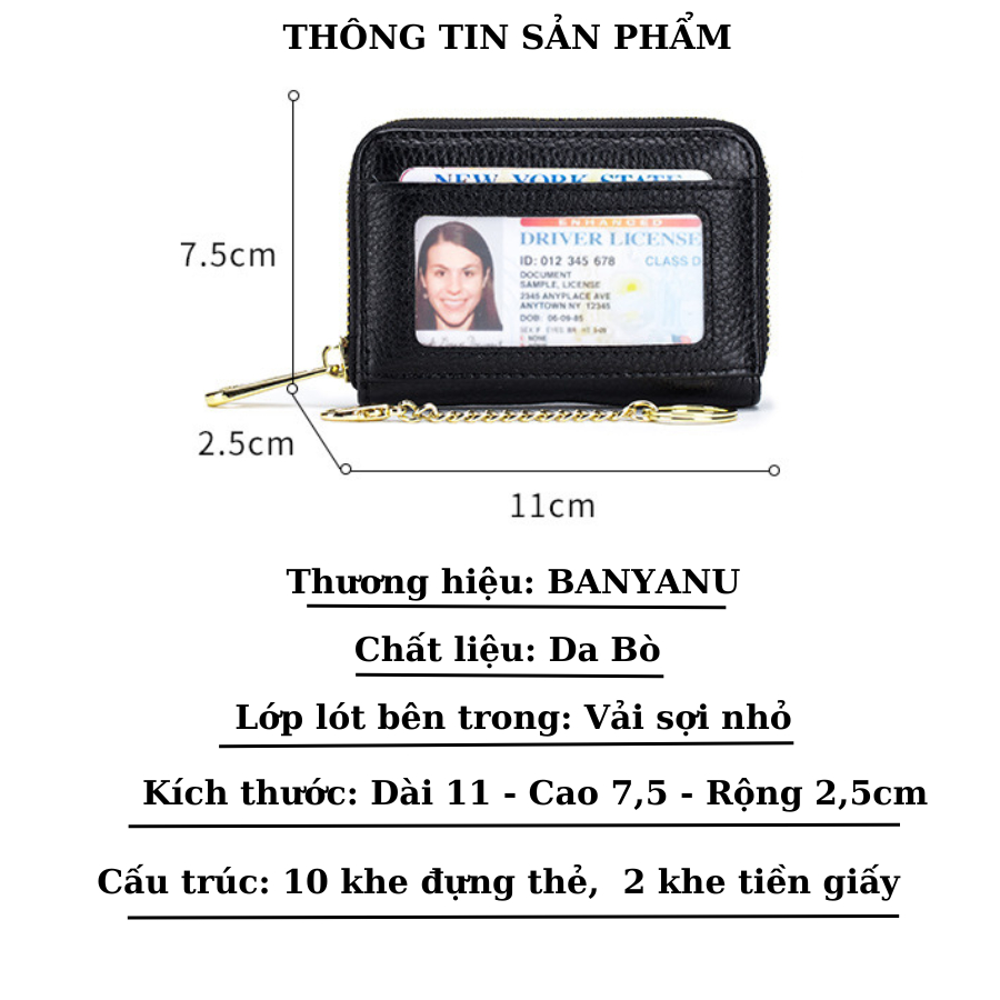Ví Nữ Ngắn Mini Bóp Nữ Da Bò Chính Hãng Treo Móc Chìa Khóa BANYANU Cao Cấp Mẫu BCV-VN13 Có Hộp Làm Quà Tặng Sang Trọng