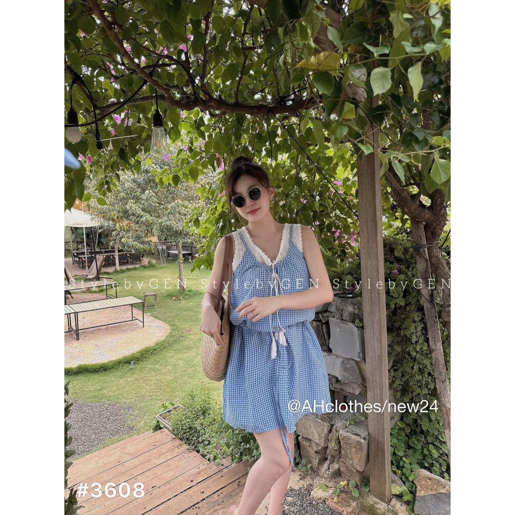 Váy 2 dây xinh nhẹ nhàng họa tiết kẻ tiểu thư bánh bèo