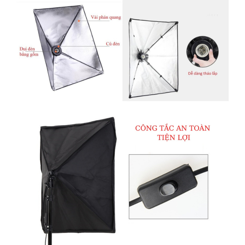 Đèn studio chụp ảnh sản phẩm chân đèn 2m kèm Softbox 50x70 cm hỗ trợ sáng quay phim livestream