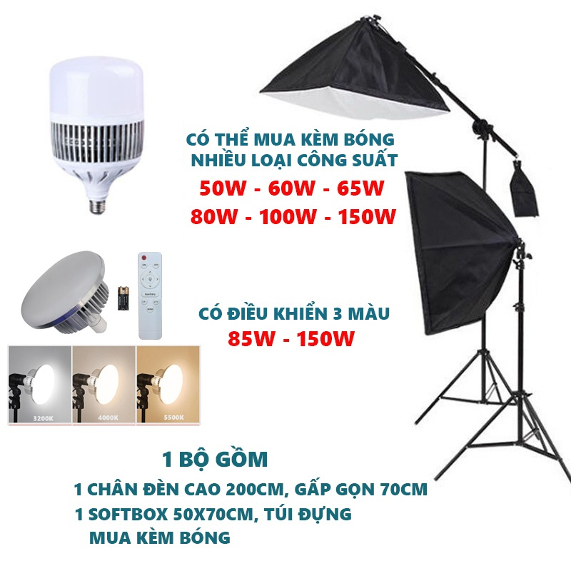 Đèn studio chụp ảnh sản phẩm chân đèn 2m kèm Softbox 50x70 cm hỗ trợ sáng quay phim livestream