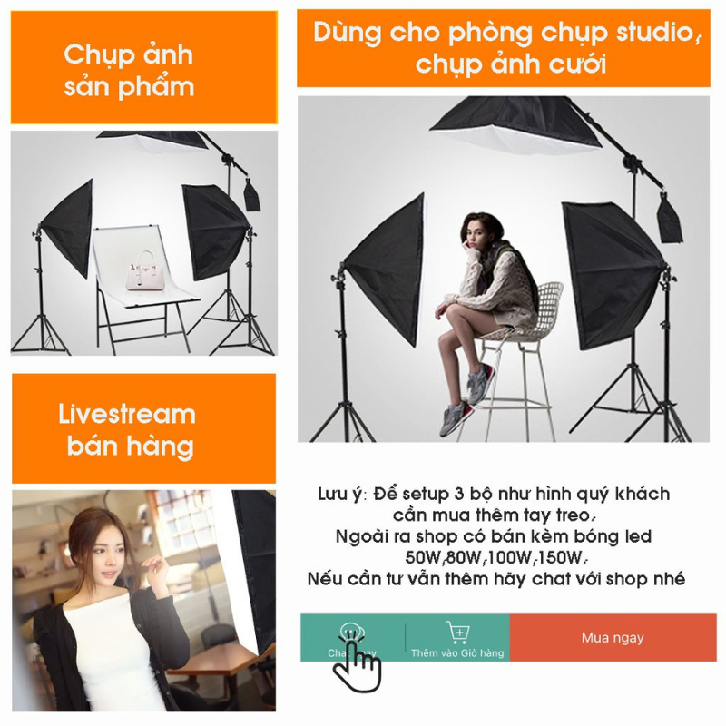 Đèn studio chụp ảnh sản phẩm chân đèn 2m kèm Softbox 50x70 cm hỗ trợ sáng quay phim livestream