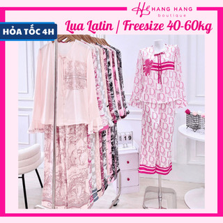 Đồ ngủ nữ 40-60kg, pijama dài tay loe bèo cổ tim cột nơ lụa latin mịn mát 60DD44, đồ bộ nữ đồ mặc nhà sang chảnh