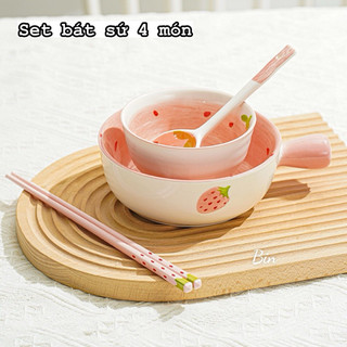 T&T0084 Set 4 món sứ cao cấp hoạ tiết dâu tây cực cute