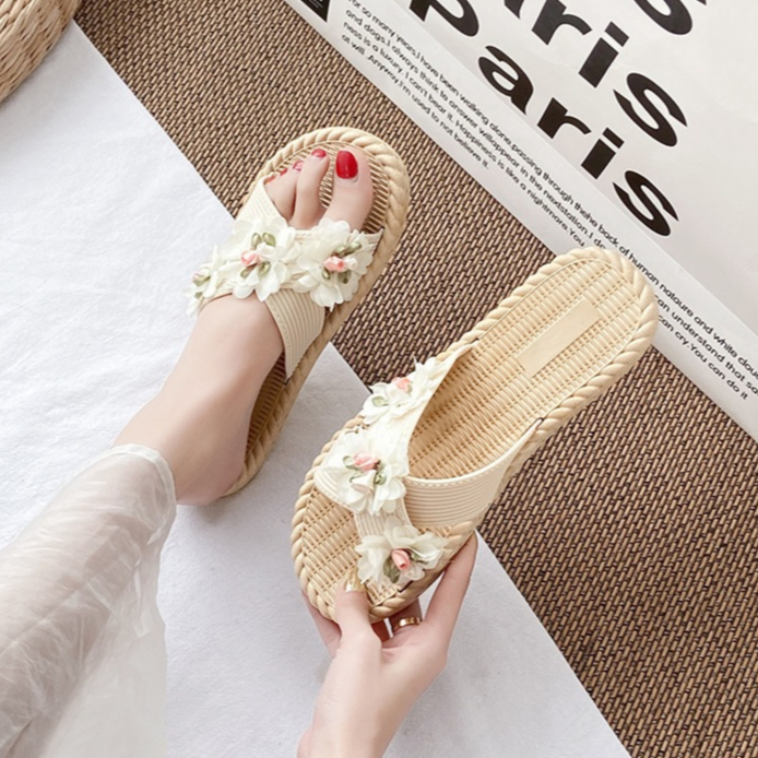 Laylalay.n - [Sẵn size] Dép cói nữ quai chéo đính hoa voan cánh nhỏ - ứng dụng cao, văn phòng, đi dạo, đi biển - LAL22