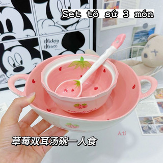 T&T0089 Set 3 món tô sứ dâu hồng cao cấp xịn xò cực kì