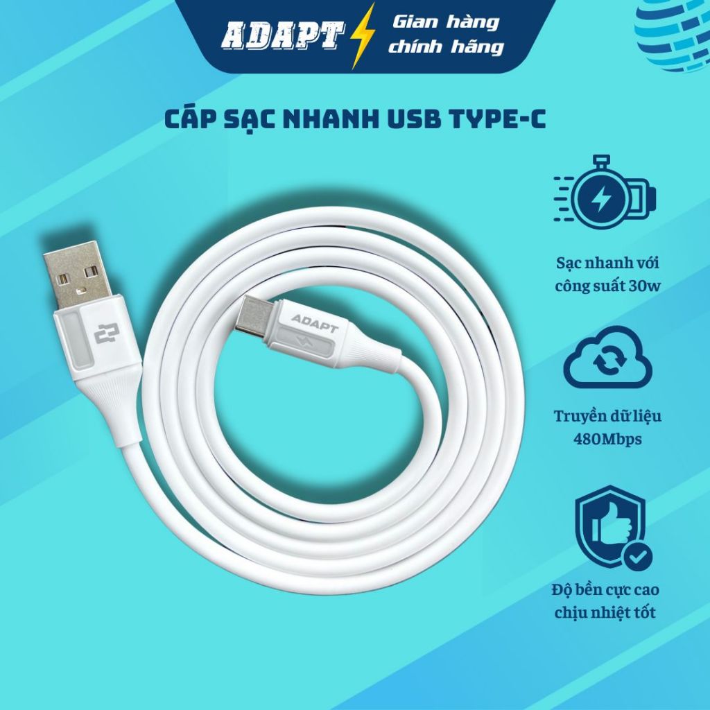 Cáp sạc nhanh và truyền dữ liệu Adapt USB to C 3.1 A chống nóng lạnh 1m chính hãng