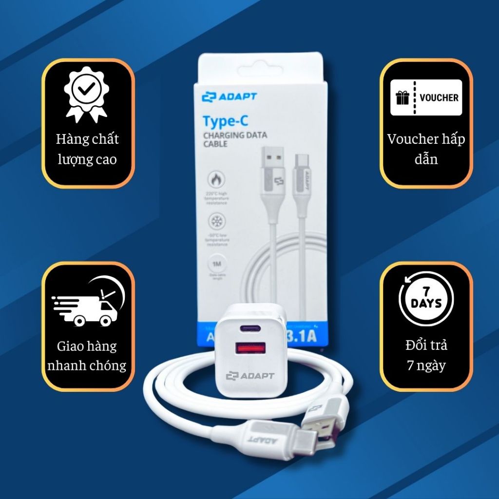 Cáp sạc nhanh và truyền dữ liệu Adapt USB to C 3.1 A chống nóng lạnh 1m chính hãng