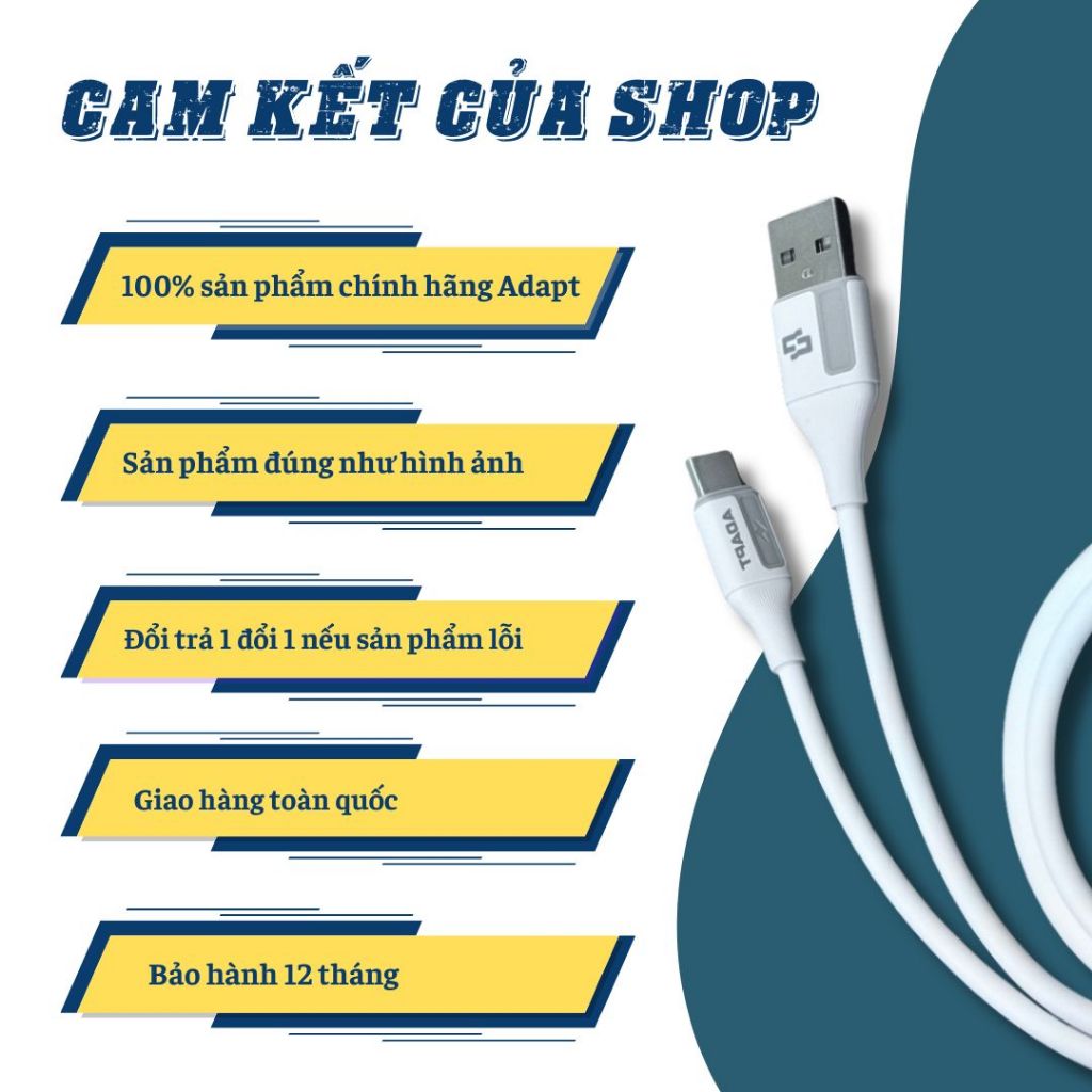Cáp sạc nhanh và truyền dữ liệu Adapt USB to C 3.1 A chống nóng lạnh 1m chính hãng