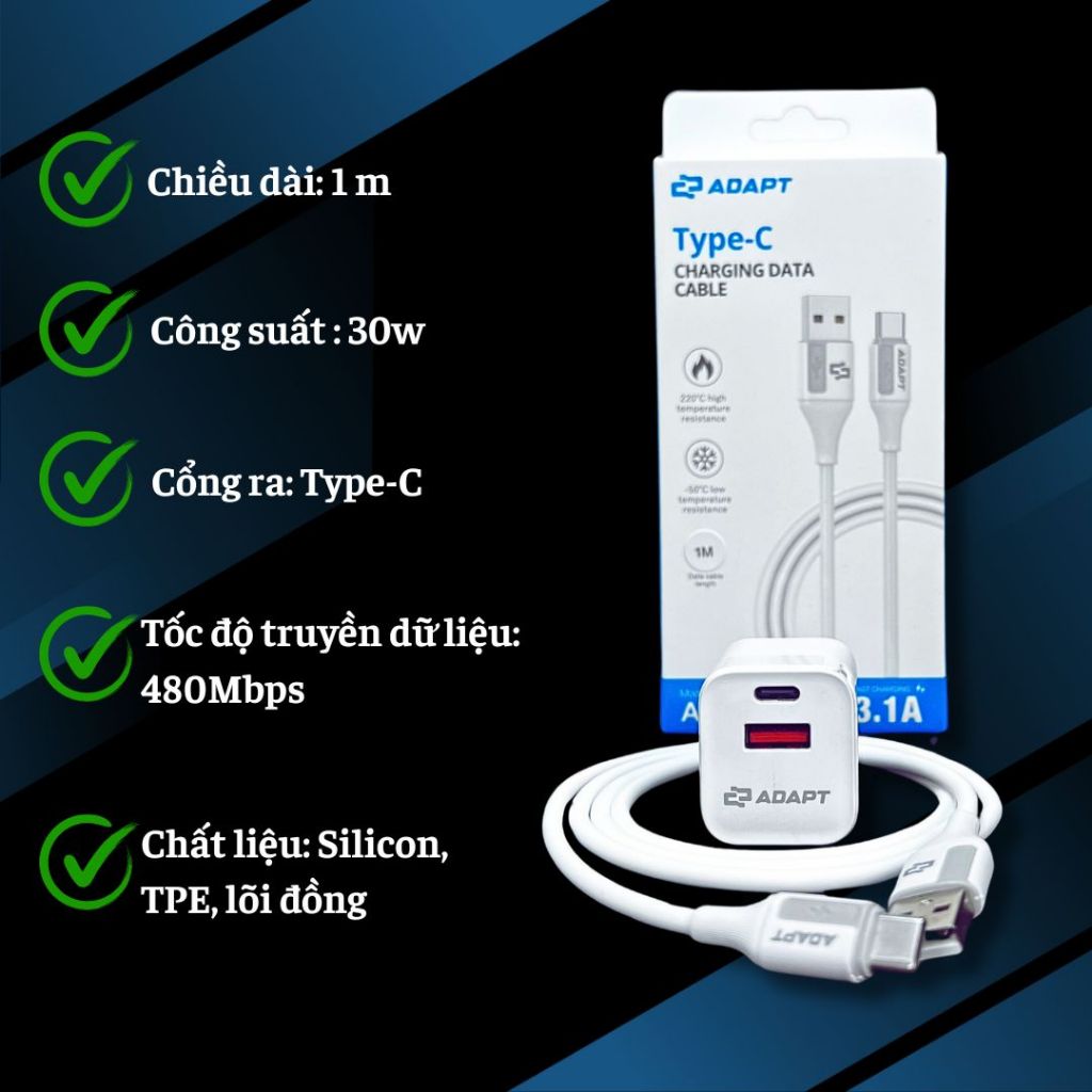 Cáp sạc nhanh và truyền dữ liệu Adapt USB to C 3.1 A chống nóng lạnh 1m chính hãng