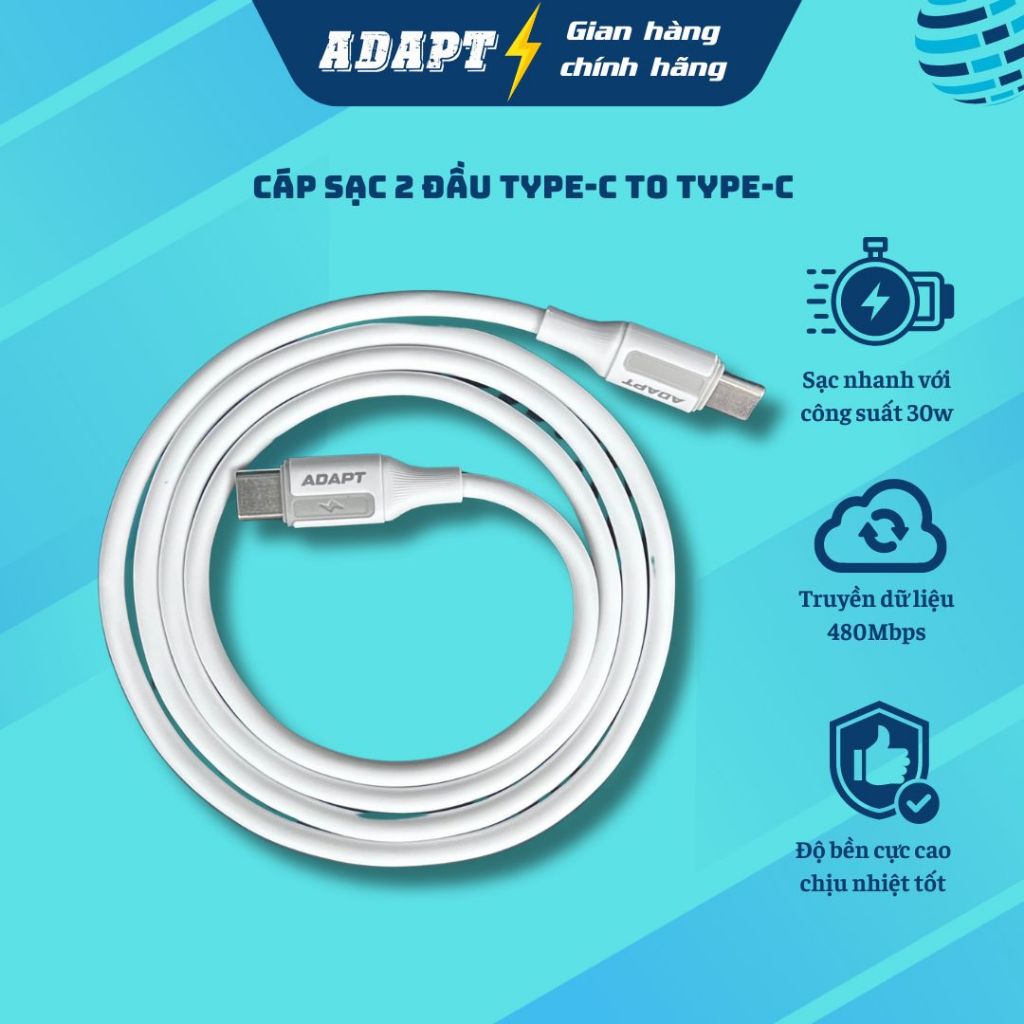 Dây cáp sạc nhanh và truyền dữ liệu Adapt USB Type-C to Type-C 60W chính hãng