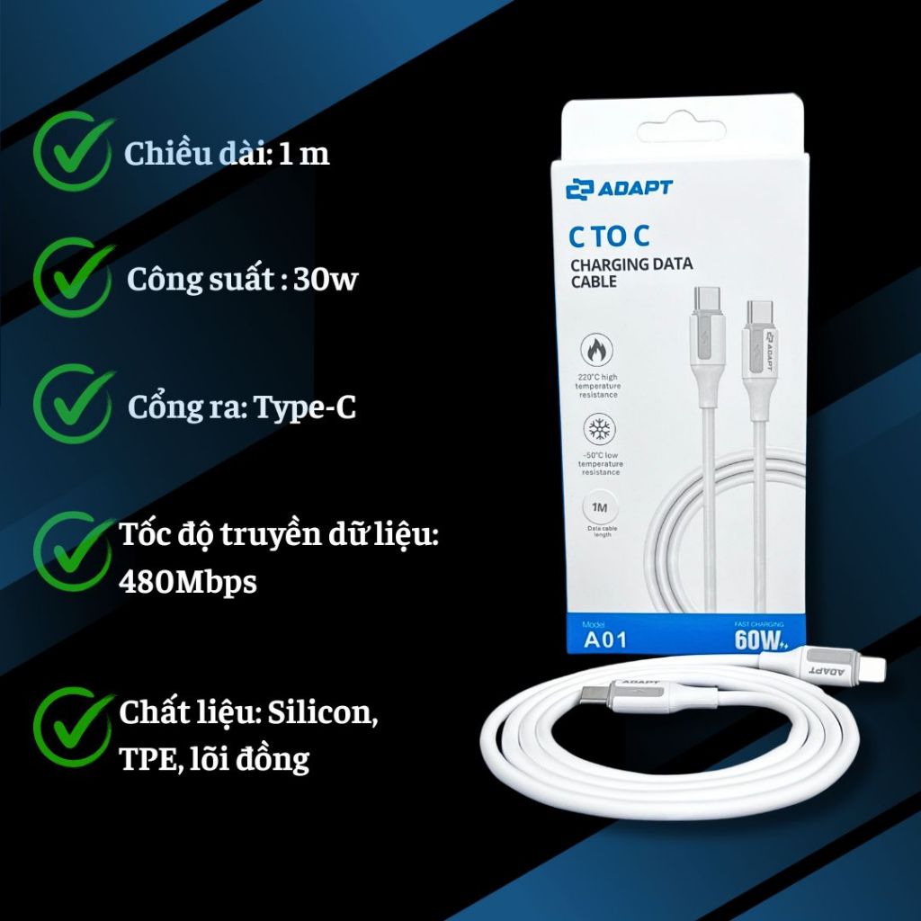 Dây cáp sạc nhanh và truyền dữ liệu Adapt USB Type-C to Type-C 60W chính hãng