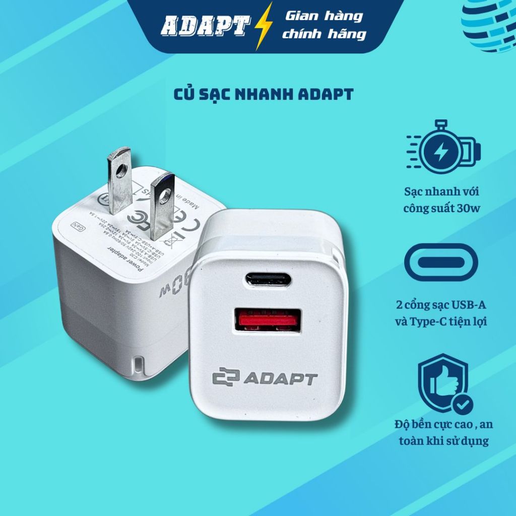 Củ sạc nhanh Adapt cổng USB và Type C 30w chính hãng, chất lượng, bền bỉ