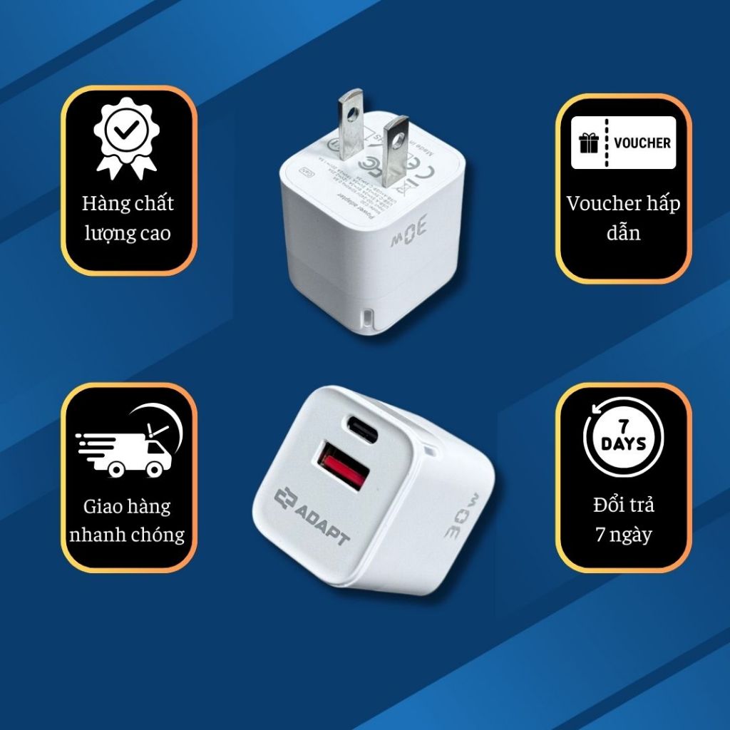 Củ sạc nhanh Adapt cổng USB và Type C 30w chính hãng, chất lượng, bền bỉ