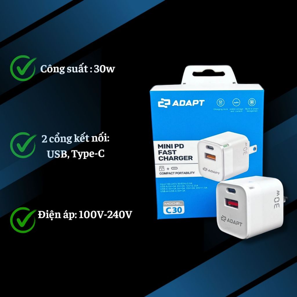 Củ sạc nhanh Adapt cổng USB và Type C 30w chính hãng, chất lượng, bền bỉ