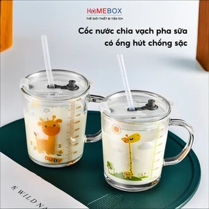 Cốc thuỷ tinh chia vạch pha sữa cho bé, Bình nước tập uống có ống hút tay cầm dung tích lớn 400ml