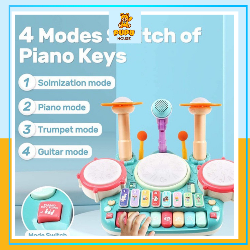 Bộ Đồ Chơi Nhạc Cụ Trống Kết Hợp Phím Đàn Piano Kèm Mic Đồ Chơi Âm Nhạc Vui Nhộn - PUPU HOUSE