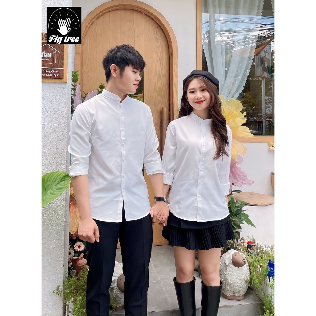 Áo Sơ Mi Cặp Fig Tree Màu Trắng Cổ Trụ, Hàng thiết kế, đồ đôi chất cotton ford dày dặn, size đến 110