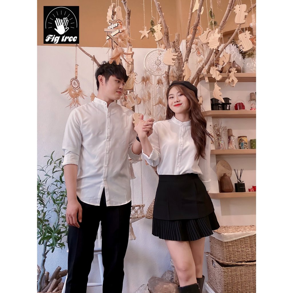 Áo Sơ Mi Cặp Fig Tree Màu Trắng Cổ Trụ, Hàng thiết kế, đồ đôi chất cotton ford dày dặn, size đến 110