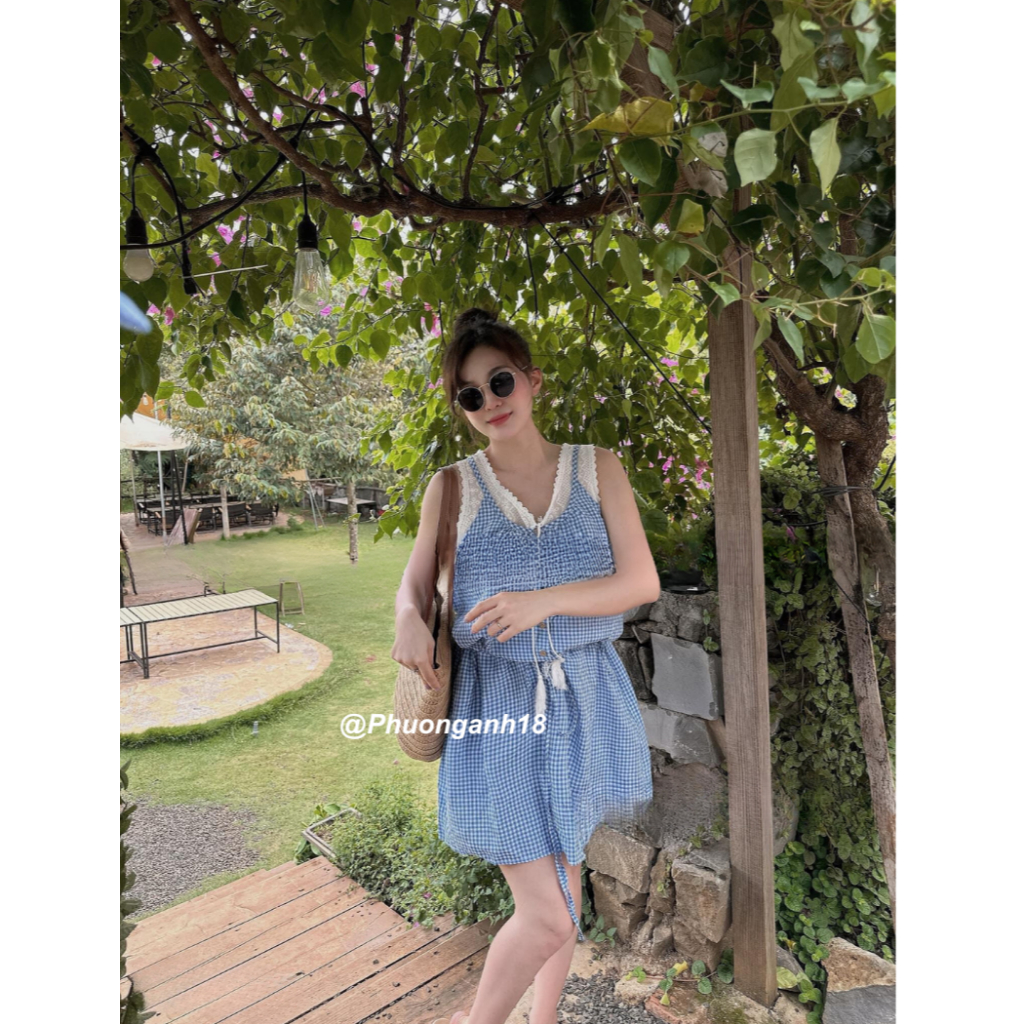 Váy 2 dây xinh nhẹ nhàng họa tiết kẻ tiểu thư bánh bèo