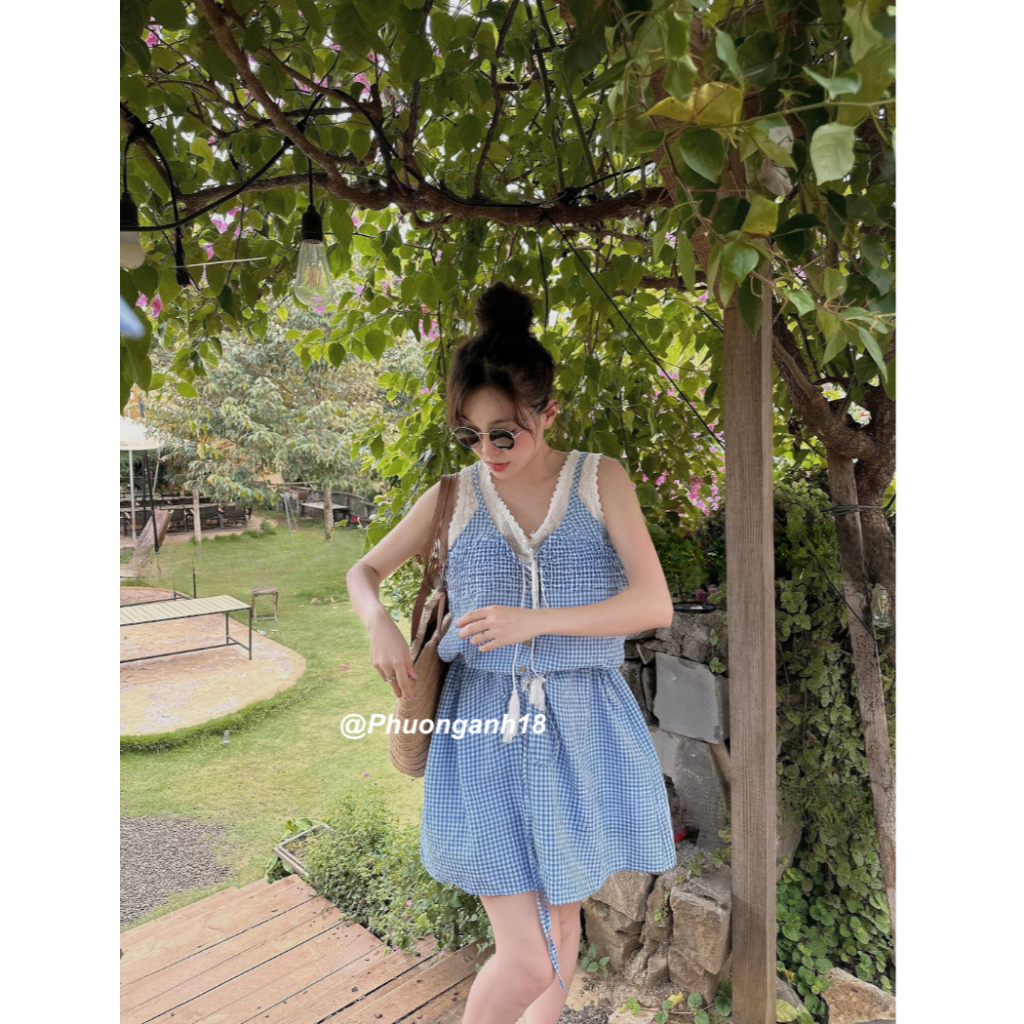 Váy 2 dây xinh nhẹ nhàng họa tiết kẻ tiểu thư bánh bèo