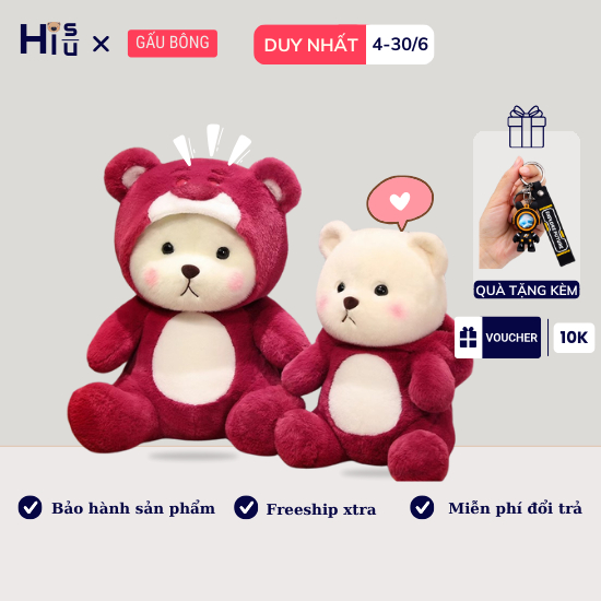 Gấu bông thỏ dâu dâu lotso đáng yêu mũ có thể bỏ ra chất liệu vải lông thỏ mềm mại