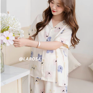 Larosa Bộ Đồ Bầu Và Sau Sinh Cổ Sam Mặc Nhà Chất Vải Kẻ Đũi Xốp Cao Cấp - LA015B