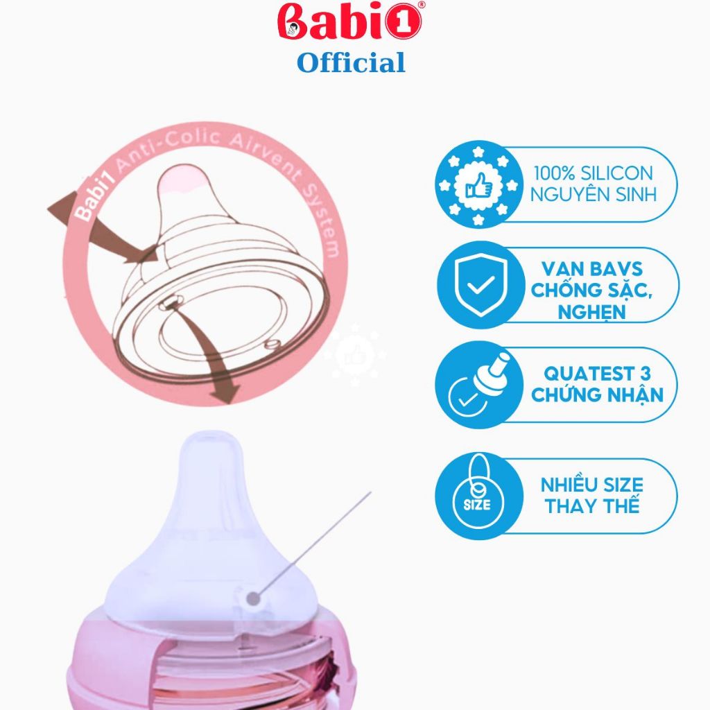 Hộp 2 Núm Ti Babi1 Silicone Y Khoa Gen 4 Chống Sặc Size M (Cho Bình Cổ Rộng 5cm)