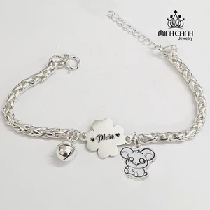 Lắc Bạc Khắc Tên Cho Bé Thêm Charm Cỏ 4 Lá - Minh Canh Jewelry